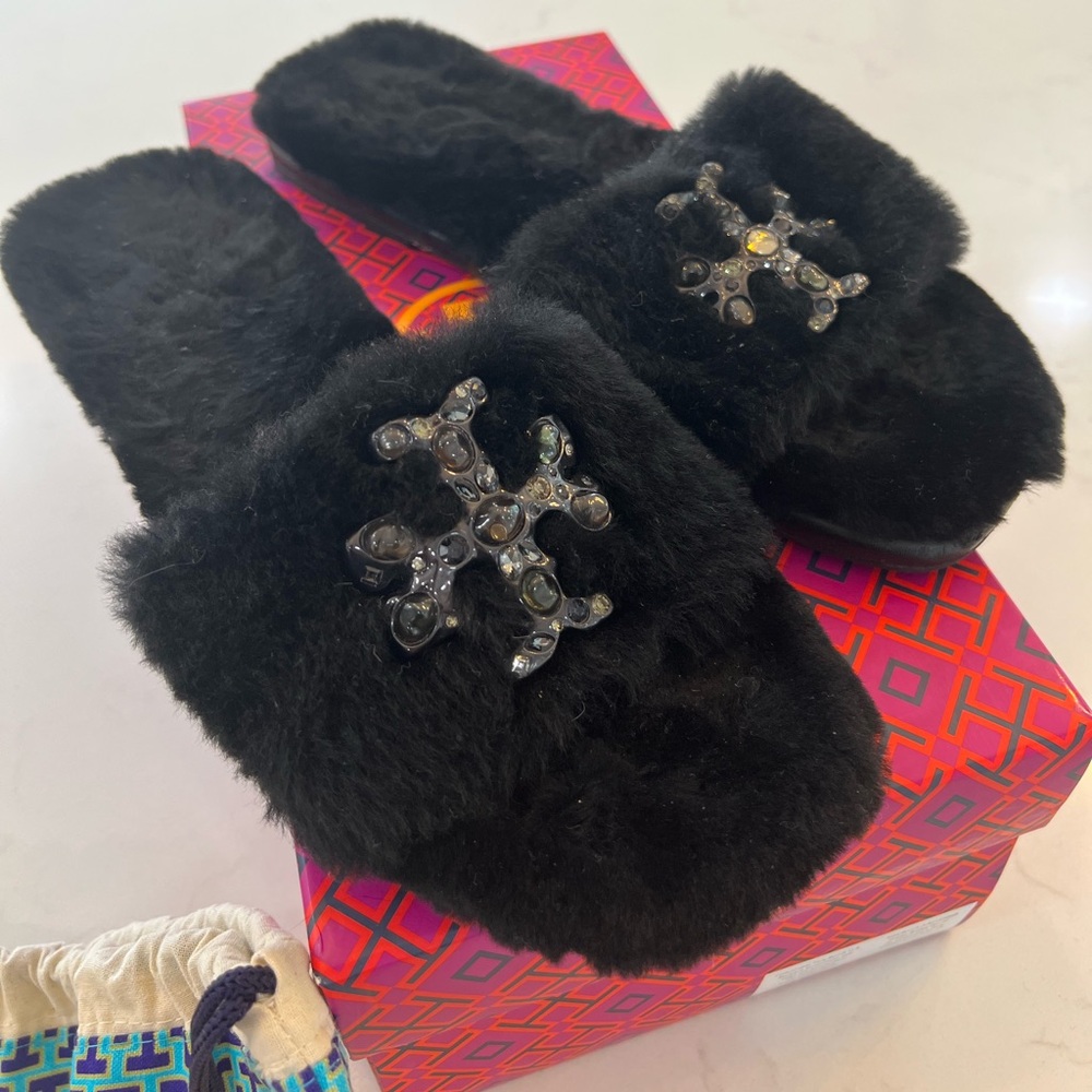 Tory Burch Black Fur Slide Sandals